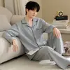 Pijama casual para hombre estilo coreano, algodón puro, camisa tipo cárdigan de manga larga con cuello simple, conjunto de ropa de estar de algodón para otoño e invierno