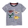 2025 Ropa de verano nueva para niños europeos y americanos camiseta para niños ropa infantil top de rayas con patrón de dinosaurio bordado distribución