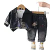 Roupa Infantil para Meninos Pequenos, Jaqueta de Couro Jacquard Patchwork Estilosa de Outono com Gola Reversível, Camisa Básica e Jeans com Apliques de Estrela