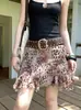 Saia Assimétrica com Babados Estampa Leopardo Retrô para Mulheres Saia de Verão de Cintura Alta Linha A Saia Curta Aderente ao Corpo Hot Girl Cor de Café