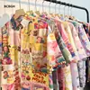 Camisetas de Manga Corta Divertidas con Dibujos Animados y Graffiti Estilo Hong Kong Veranieño para Hombres y Mujeres Estilo Dopamina Sueltas Dulces Florales Camisas Modernas