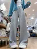 Calça Larga Listrada Cinza Claro para Mulheres, Calça Esportiva de Cintura Alta Emagrecedora Outono e Inverno 2026, Calça Casual Soltinha Estilo Preguiçoso