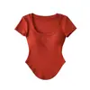 Camiseta de Verano Estilo Puro Deseo con Cintura Delgada y Cuello en U para Mujer, Dobladillo Curvo, Top Ajustado de Manga Corta, Camiseta Base Corta