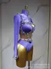 Traje Púrpura Elástico con Pedrería, Vestido para Fiesta de Noche en Banquetes y Discotecas, Atuendo de Presentación, Disfraz de Escenario, Atuendo de Halloween para Presentación