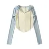 Camiseta de Manga Raglan de Cinco Cores Base Estilo Europeu e Americano Feminina Outono Novo Com Capuz Cordão Camiseta Celebridade da Internet Top Curvo Camiseta