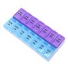 Caja de medicamentos pequeña, de doble fila, azul y violeta, con subembalaje para siete días a la semana, caja de medicamentos portátil de gran capacidad, almacenamiento de medicamentos con tapa abierta para 14 personas