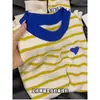 Suéter Tricot Color-Block Listrado Chic Jovem para Mulheres com Bordado de Coração, Camisa Base Camada Interna, Top Único