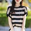 Venta al por mayor Nueva Camiseta de Punto de Verano para Mujer Andy Velvet Manga Corta Rayas Talla Grande para Mujer Top Camiseta Cubre Vientre