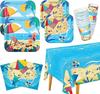 Suministros para fiestas temáticas de playa, aptos para fiestas hawaianas, vasos de papel desechables, platos de papel, manteles de papel, suministros de decoración