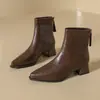 Botas Femininas Moda Retro Outono/Inverno 2026 Versátil Salto Bloco Bico Fino Couro com Zíper Traseiro Moda Decotada