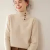 Suéter de Cashmere Puro Outono e Inverno Pulôver com Botões Tricô Feminino Gola Alta Waffle Espessado Casual Versátil Top