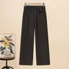 Calças casuais retas largas de cintura alta para mulheres, calças de perna larga com forro de fleece para outono e inverno, adequadas para mães de meia-idade e idosas, com cintura elástica e design longo e fluido