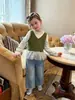 Chaleco de Punto para Niña Otoño Nuevo Chaleco Infantil con Parche de Lunares, Camisa Base con Patrón de Conchas, Jeans para Bebé