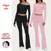 26 Traje de Pantalón de Campana de Cintura Baja Sexy Ajustado de Color Puro con Hombro Oblicuo, Moda Nueva de Exportación Europea y Americana de Amazon para Mujer
