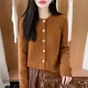 Cárdigan de punto trenzado de lana pura estilo vintage para mujer, holgado y casual, engrosado y cálido, con cuello redondo y cierre de botones