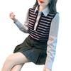 Sensação de Peça Dupla Falsa Design Elegante Camisa Feminina Roupas de Outono 2024 Novo Top Tricotado com Retalhos Listrado para o Trabalho