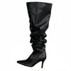Botas apiladas plisadas, botas largas de cuero negro mate para mujer, botas de tacón alto de aguja con punta fina, botas de caña alta largas