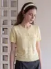 Cardigan Tricot Crochê Amarelo Vazado de Manga Curta para Mulheres, Estilo Coreano de Verão, Único e Bonito, Top Fino e Emagrecedor