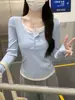 Foto real de outono estilo coreano puro e atraente falso duas peças gola U slim fit abotoada manga longa camisa base T-shirt top 18081