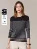 Camiseta Feminina Casual de Algodão Puro com Listras, Manga Longa, Gola Redonda, Roupas de Trabalho, Popular no Outono e Inverno, Personalizada, Transfronteiriça