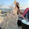 Estilo Francés Estilo Vacacional Cuello en V Top Colgante Falda Grande Falda Conjunto de Dos Piezas Verano para Mujer Hermosa Falda de Playa