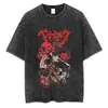 Camiseta Vintage Lavada com Estampa de Anime 230g Algodão Puro Camiseta Logo Personalizado Moda de Rua Gola Redonda Manga Curta Camiseta Masculina