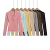Estilo Deseo Puro Cuello en V Profundo Tela Cepillada por Ambos Lados Elegante y Sexy Hombro Normal Manga Larga Camiseta Versátil Adelgazante Ceñidor de Cintura Color Sólido Camiseta Básica