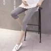 Em estoque calças cropped para grávidas com design de ícone de gatinho, calças finas de verão para grávidas com cintura alta e suporte para a barriga, calças básicas estilo coreano