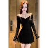 Vestido Sexy Pura Desejo Spice Girl de Renda com Manga Longa Feminino Outono e Inverno Novo Afina a Cintura Manga Trompete Saia Curta Evasê