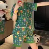 Novo Pijama de Urso Xadrez Verde de Natal para Mulheres, Conjunto de Shorts de Manga Curta e Cardigã de Verão, Roupas para Casa de Dormitório Estudantil