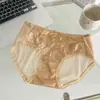 Calcinha de Renda Feminina Hongxuan Ice Silk com Forro de Algodão, Renda Transparente, Pregueada em Cor Contrastante, Calcinha de Renda Pura Feminina
