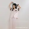 Pijama Curto Bordado com Renda Preta Vazada, Manga Curta, Calça Longa de Seda Gelada para Mulheres, Novo Verão Ultra-Fino Refrescante Roupa de Dormir para Mulheres