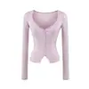 Cárdigan de Manga Larga Lyocell Tencel Estilo Europeo y Americano con Cuello en V Profundo, Clavícula Expuesta, de Botones al Frente, Dobladillo con Abertura y Corte Ajustado