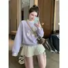 Moletom Redondo Bordado com Gato Doce Estilo Coreano para Mulheres, Outono e Inverno, Modelagem Solta Versátil, Design de Casal, Blusa de Manga Longa Patchwork