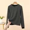 Camiseta listrada de manga comprida com gola redonda e forro de fleece para mulheres, roupa íntima de outono e inverno, camada base quente, com fleece extra, espessada, top casual para usar por cima