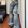 Jeans boca de sino solto, não apertado, estilo hip-hop da rua americana, com design de fivela de grafite, coleção de primavera, calças pantalona emagrecedoras