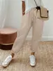 Pantalones Harem Cortos de Lino Color Sólido Estilo Europeo y Americano, Cintura Elástica Sueltos Dobladillo Enrollado Algodón-Lino Casual Tipo Zanahoria