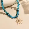 Joias transfronteiriças europeias e americanas, colar único de cascalho azul irregular com pingente de sol, estilo casual de férias