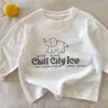 Camiseta de Manga Larga con Estampado de Letras de Algodón de Bambú para Primavera y Otoño para Niños y Niñas, Top Fresco Versátil Casual, Moderno