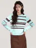 Suéter de Tricô Color Block Listrado Azul Fashionável Suave de Manga Longa para Mulheres 2026 Outono e Inverno Suéter de Gola Redonda Top Camada Interna