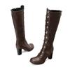 Botas de Cavaleiro com Rebites Femininas Salto Alto Grosso Outono e Inverno Novo Estilo Europeu e Americano Combinação de Cores Botas Longas