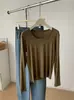Camiseta Adelgazante de Manga Larga de Tencel y Lino con Cuello en U para Mujer, ¡Camiseta Fina de Principios de Otoño! Camiseta Básica de Color Sólido