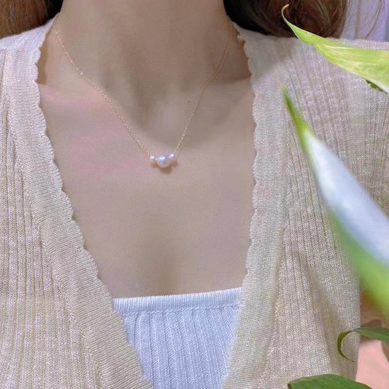 极简天然淡水珍珠项链小众设计感14k注金抽拉百搭