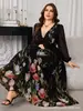 Vestido feminino preto com estampa floral em chifon, tamanho plus size, transfronteiriço, decote V, mangas compridas, cintura marcada, saia fluida, elegante, longo