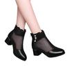 Sandalias de malla de cuero suave para mujer, primavera/verano 2025, tacón medio, transpirables, suela suave, tacón bajo, antideslizantes, punta redonda y tacón grueso.