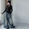 Conjunto de jeans moderno e estiloso para dança jazz de meninas, roupa de outono para crianças mais velhas, calça de perna larga desfiada com estampa de letras americanas de manga longa