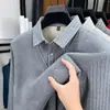 Comercio Exterior Suéter Grueso Cálido de Invierno para Hombre Falso Dos Piezas con Felpa Solapa Casual Ropa para Hombre de Mediana Edad Suéter de Punto Base