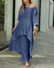 Conjunto de dos piezas de traje irregular de manga larga, pantalones anchos y talla grande, estilo casual, de algodón y lino, para mujer de Europa y América del 2024