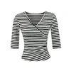 Camiseta Sexy de Estilo Europeo y Americano con Escote en V y Cruz al Frente, Verano Ajustada, Ceñida a la Cintura, Fruncida, Jersey de Manga Media