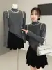 Suéter de Tricô com Gola Meia-Alta e Pedrarias Estilo Coreano para Mulheres, Nova Camisa Básica Slim-Fit de Manga Longa para Outono e Inverno 2025
